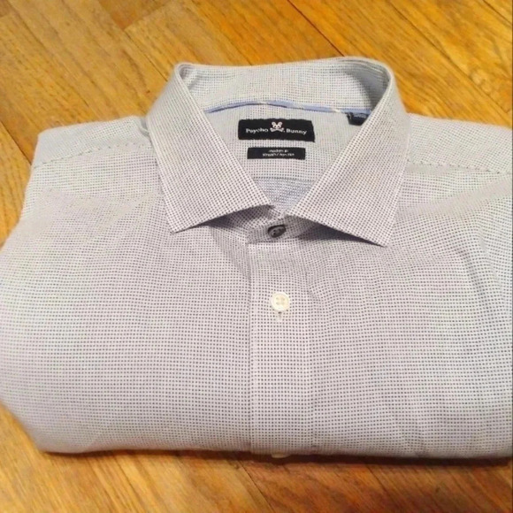 Psycho Bunny Button Up Shirt 17 1/2 34-35 Modern Fit Stretch Blue Dots